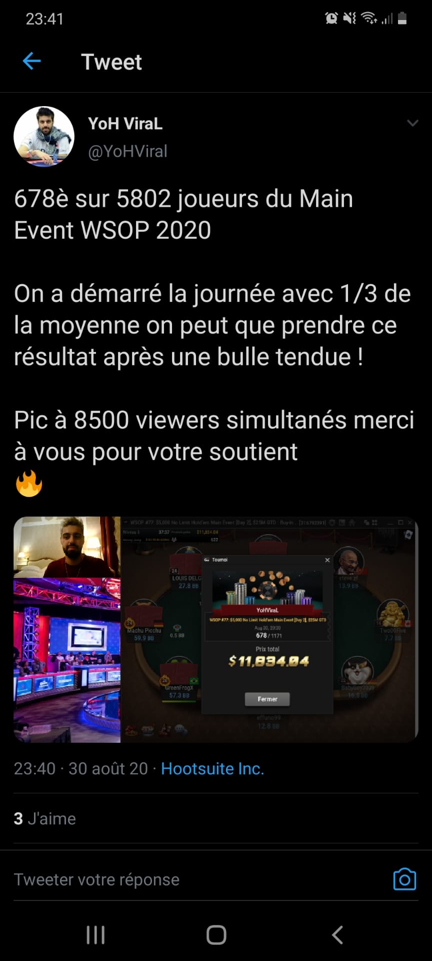 Capture d'écran de YoH ViraL finissant 678 ième au WSOP 2020