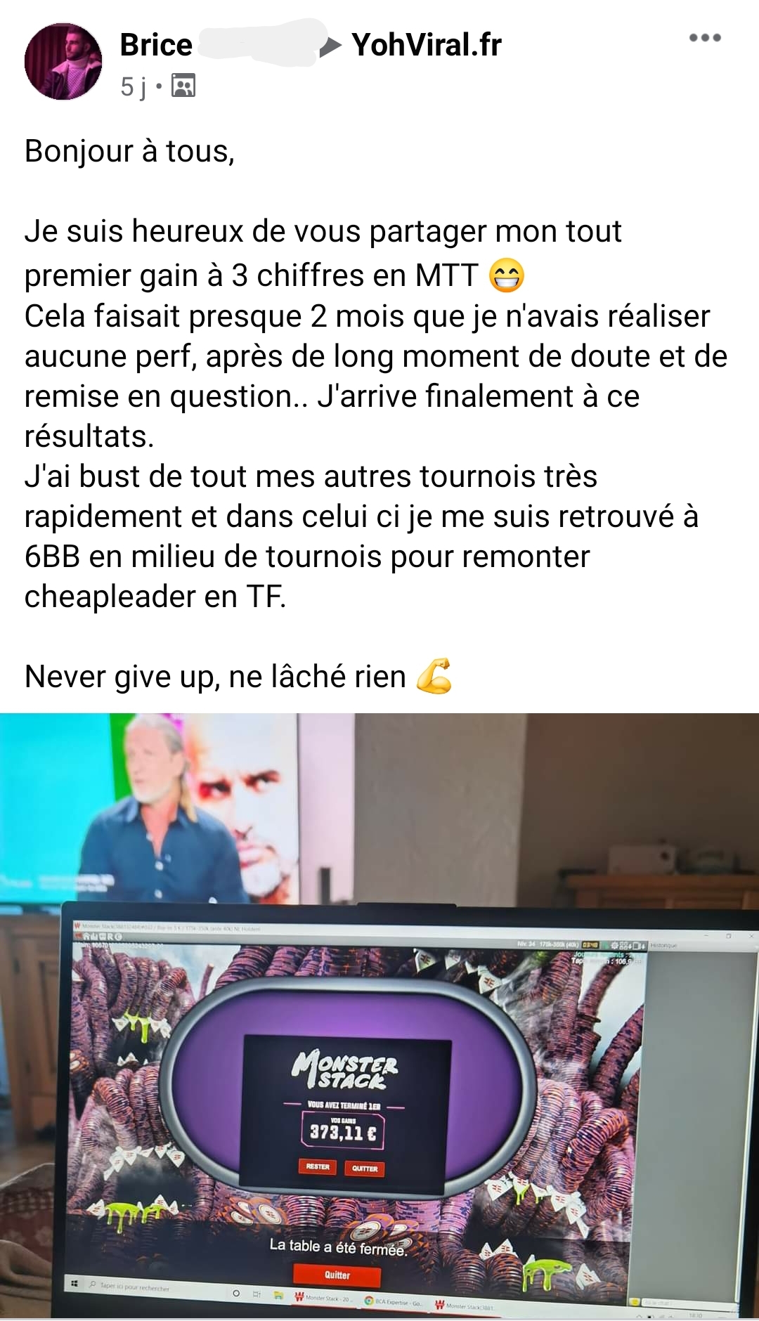 Brice, un membre du challenge MTT de YoH ViraL
